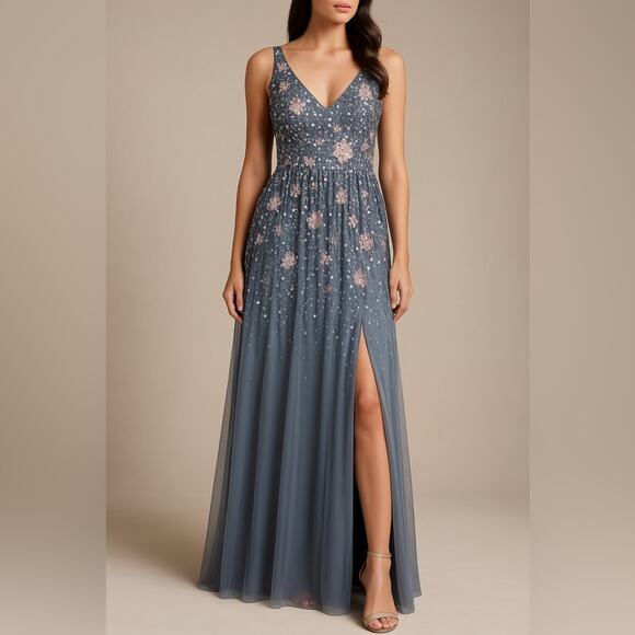 Adrianna Papell Floral Embellished V-Neck Formal Sequin Gown Size 8 NWT - Picture 1 of 15